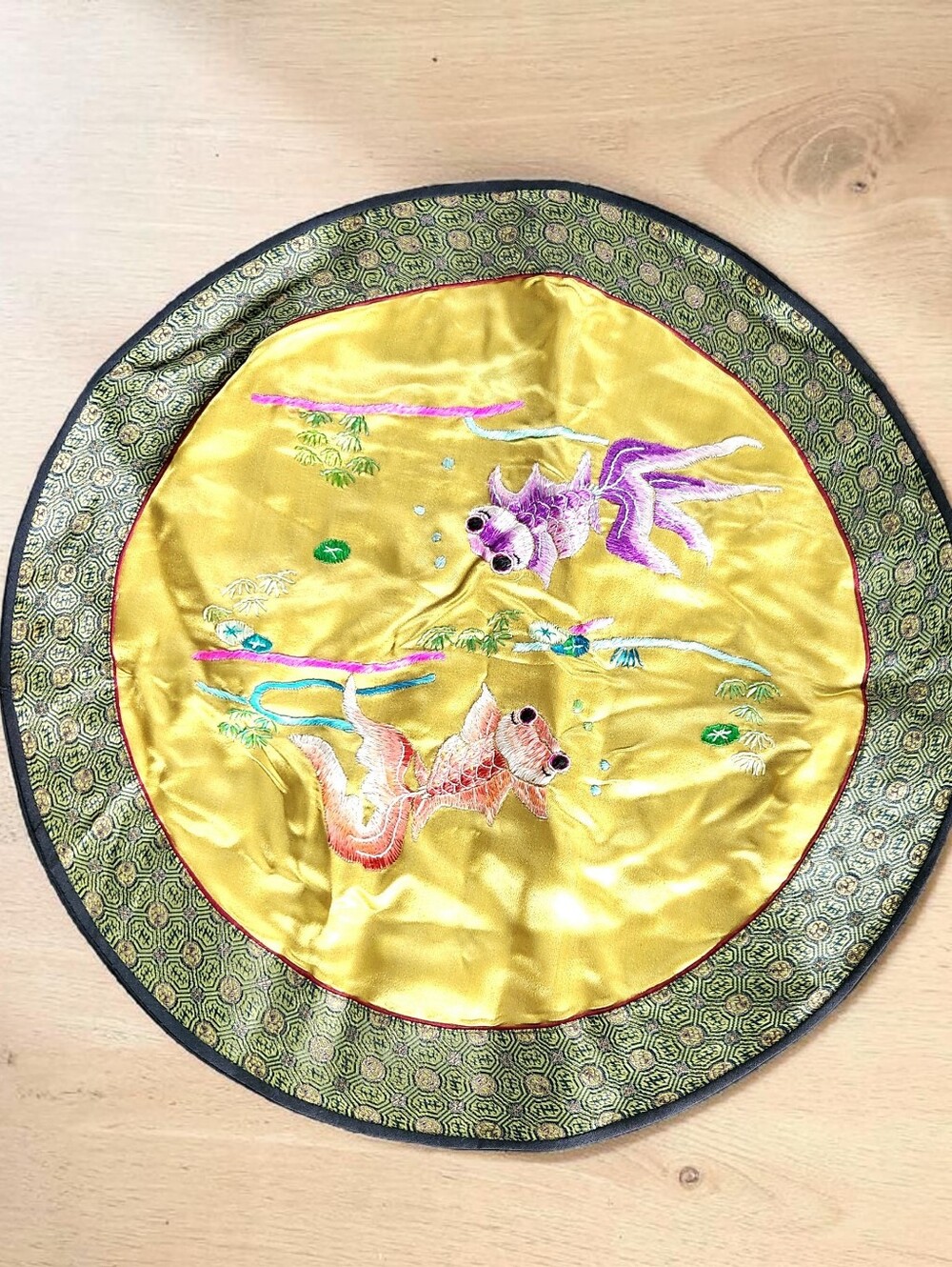 Vintage Asian Silk Embroidered Round Pillow Cover Case Sham 16 Inch Goldfish